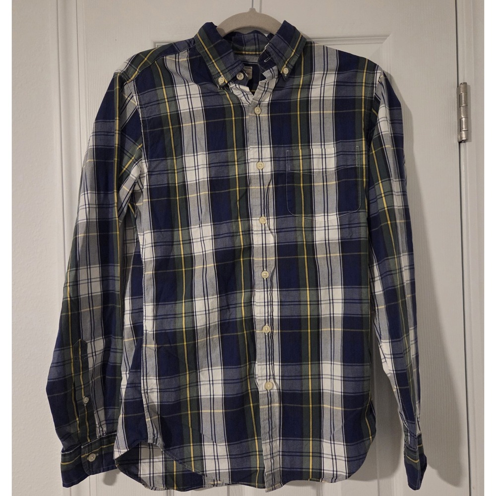 J Crew Mens Sunwashed Oxford Shirt Long Sleeve Plaid Navy Green Yellow Medium